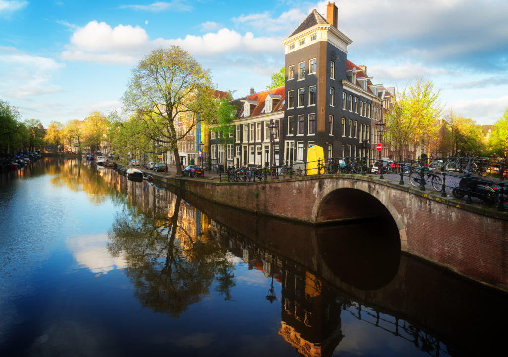 Dutch scenery with canal and mirror reflections