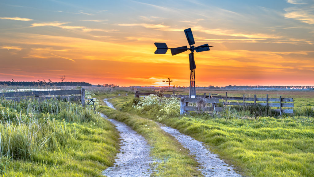 Old american windmill at sunset in dutch rural landscape