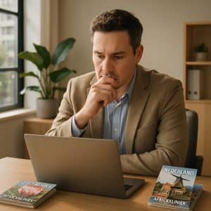 Een man twijfelt op kantoor tussen twee stapels brochures over afkickklinieken in Zuid-Afrika en Nederland.